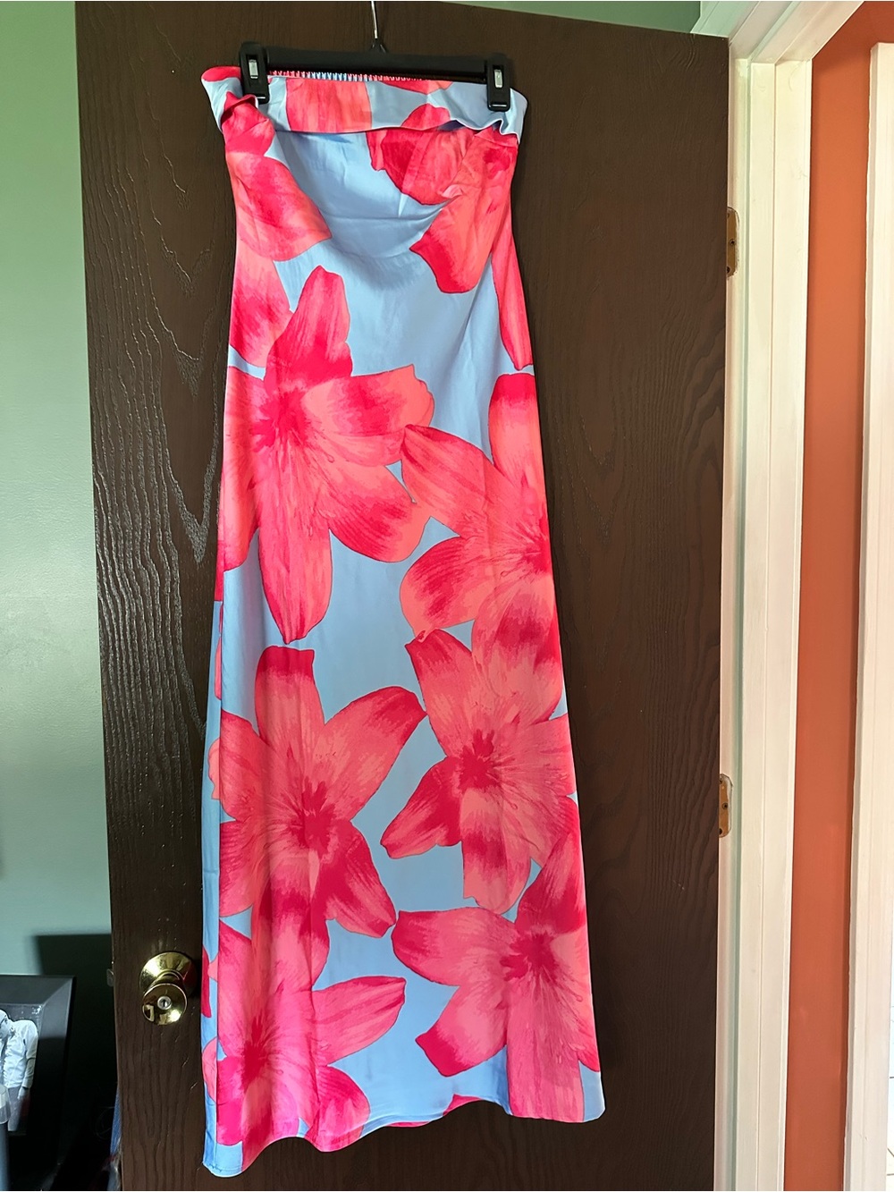 Blue Maxi Dress with Pink Floral Print